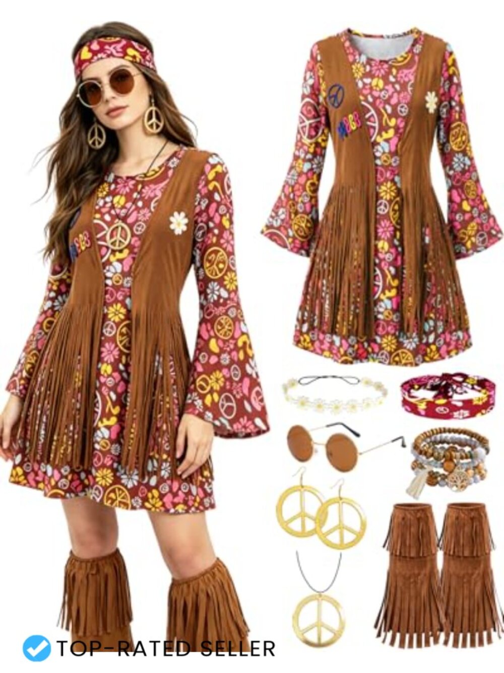 60s 70s Hippie Costume Set Fringe Disco Dress Bell Sleeves Polyester Blend